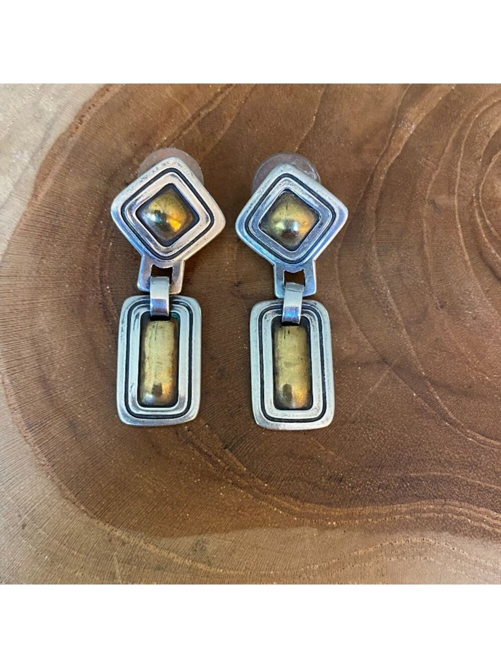 RETIRED James Avery Square and Rectangle Ear Post Earrings, Silver & Brass